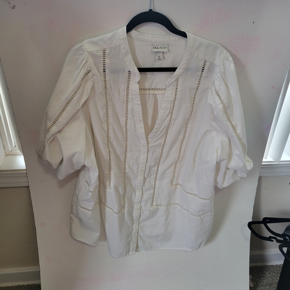 White Ava & Viv Women's Button Front Puffed Sleeve Blouse with Lace Inserts